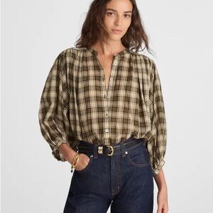 madewell Balloon-Sleeve green plaid button up Top in faded ivy large
